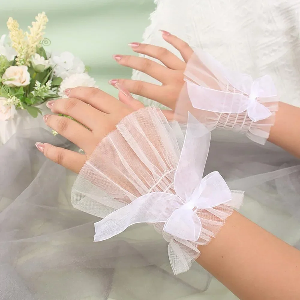 Women's Bow Lace White Wrist Cuff Hand Sleeve Gloves Wedding Party Decoration
